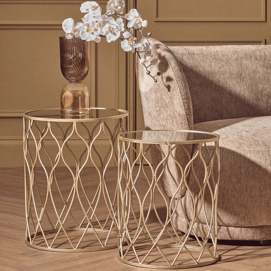 Arcana Champagne Metal Set of 2 Round Side Tables with Mirrored Tops
