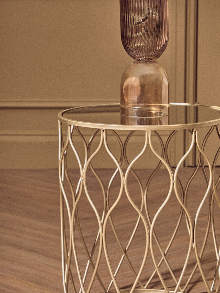 Arcana Champagne Metal Set of 2 Round Side Tables with Mirrored Tops