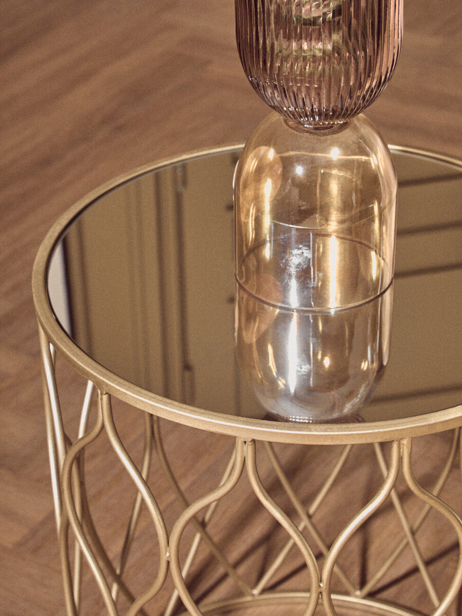 Arcana Champagne Metal Set of 2 Round Side Tables with Mirrored Tops