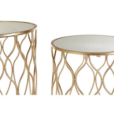 Arcana Champagne Metal Set of 2 Round Side Tables with Mirrored Tops