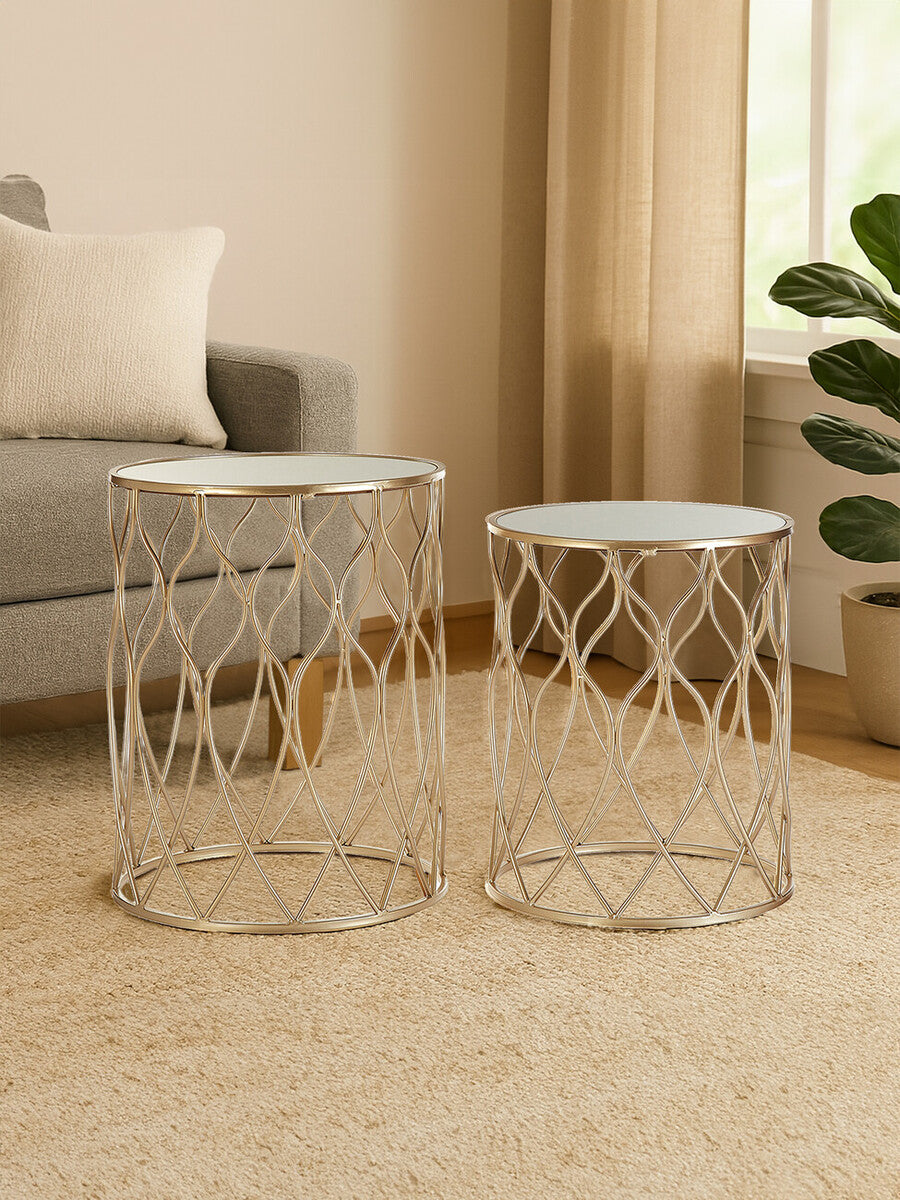 Arcana Champagne Metal Set of 2 Round Side Tables with Mirrored Tops