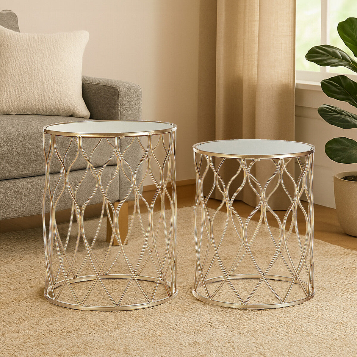 Arcana Champagne Metal Set of 2 Round Side Tables with Mirrored Tops
