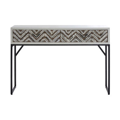 Natural Wood 2-Drawer Console Table with Geometric Assorted Front and Black Metal Legs, Lombok