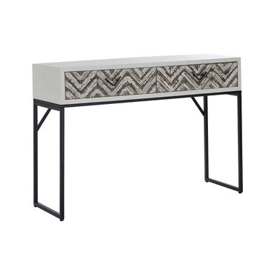 Natural Wood 2-Drawer Console Table with Geometric Assorted Front and Black Metal Legs, Lombok