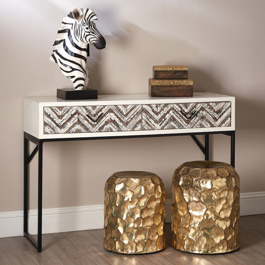 Natural Wood 2-Drawer Console Table with Geometric Assorted Front and Black Metal Legs, Lombok