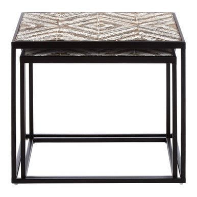 Set of 2 Natural Wood Geometric Top Side Tables with Black Metal Frame, Lombok