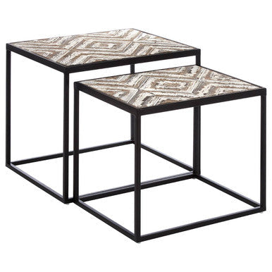 Set of 2 Natural Wood Geometric Top Side Tables with Black Metal Frame, Lombok