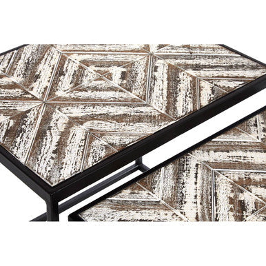 Set of 2 Natural Wood Geometric Top Side Tables with Black Metal Frame, Lombok