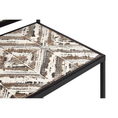 Set of 2 Natural Wood Geometric Top Side Tables with Black Metal Frame, Lombok