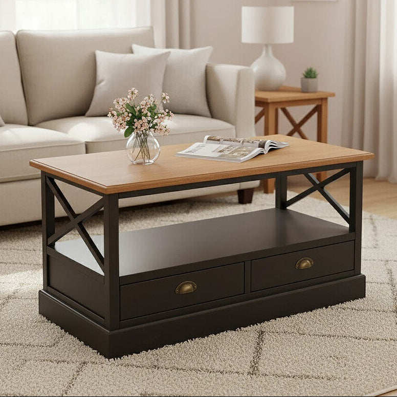 Black Rectangular Storage Coffee Table with Drawers, Virginia