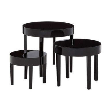 Set of Three Chunky Black High Gloss Round Tops Nesting Tables with Pine Wood Legs, Moritz