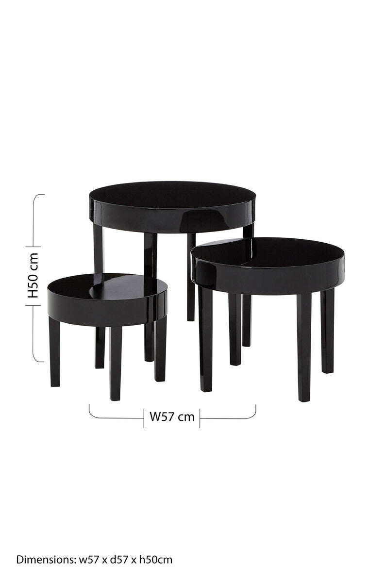 Set of Three Chunky Black High Gloss Round Tops Nesting Tables with Pine Wood Legs, Moritz