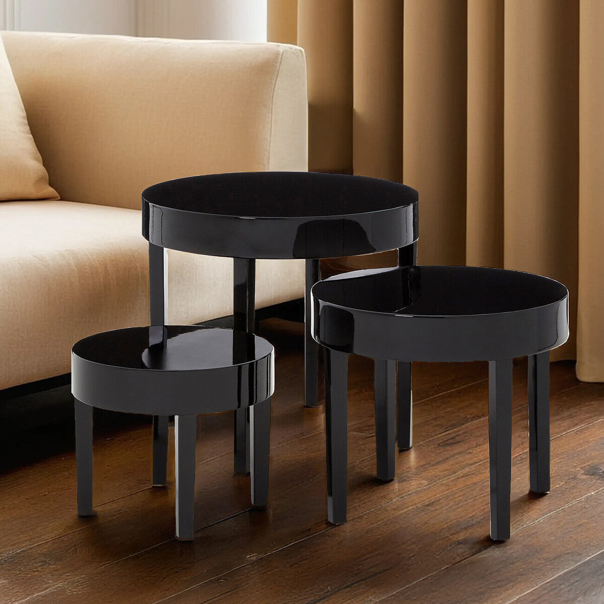 Set of Three Chunky Black High Gloss Round Tops Nesting Tables with Pine Wood Legs, Moritz