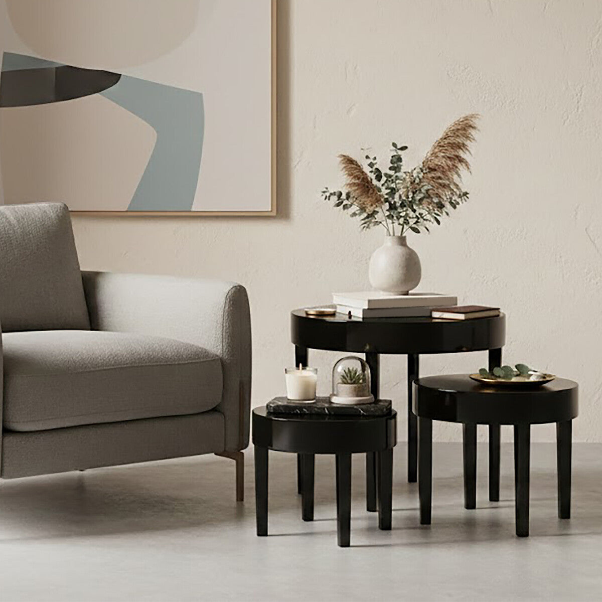 Set of Three Chunky Black High Gloss Round Tops Nesting Tables with Pine Wood Legs, Moritz