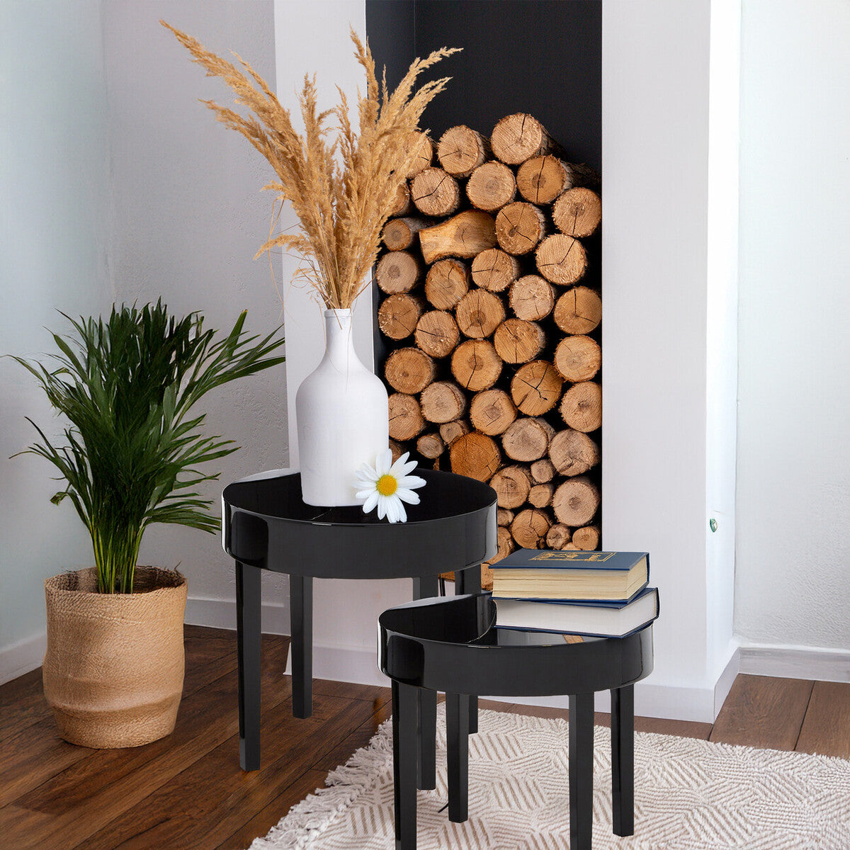 Set of Three Chunky Black High Gloss Round Tops Nesting Tables with Pine Wood Legs, Moritz