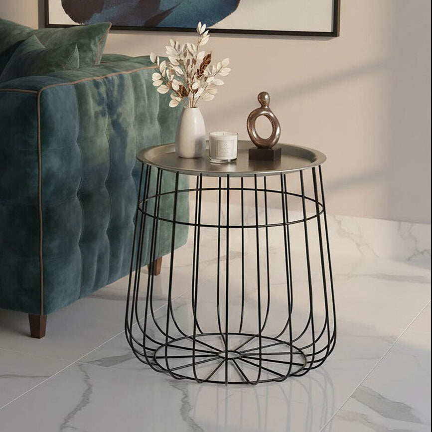 Silver Recessed Top Side Table with Black Wireframe Iron Base, Templar