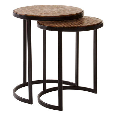 Set of Two Handcrafted Chevron Natural Wood Top Nesting Tables with Black Iron Legs, Halle