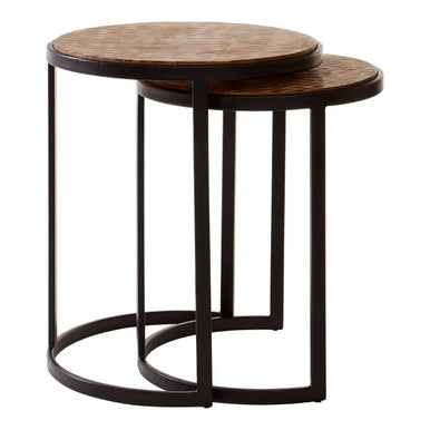 Set of Two Handcrafted Chevron Natural Wood Top Nesting Tables with Black Iron Legs, Halle