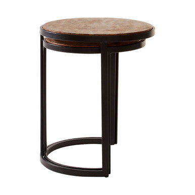 Set of Two Handcrafted Chevron Natural Wood Top Nesting Tables with Black Iron Legs, Halle