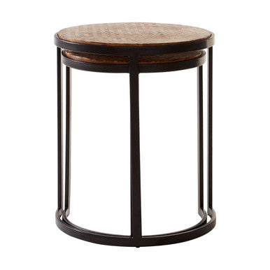 Set of Two Handcrafted Chevron Natural Wood Top Nesting Tables with Black Iron Legs, Halle