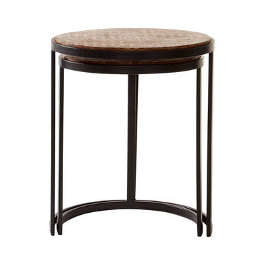 Set of Two Handcrafted Chevron Natural Wood Top Nesting Tables with Black Iron Legs, Halle