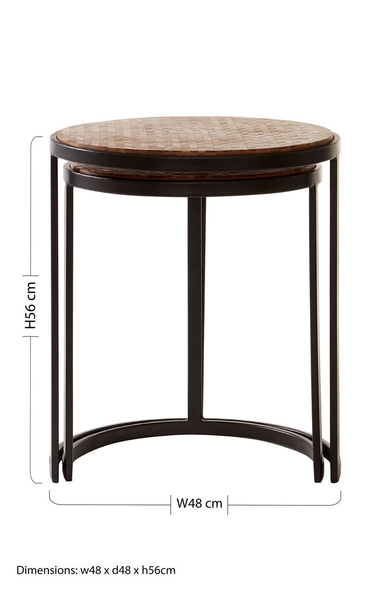 Set of Two Handcrafted Chevron Natural Wood Top Nesting Tables with Black Iron Legs, Halle