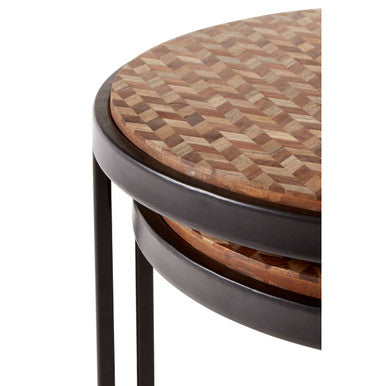 Set of Two Handcrafted Chevron Natural Wood Top Nesting Tables with Black Iron Legs, Halle