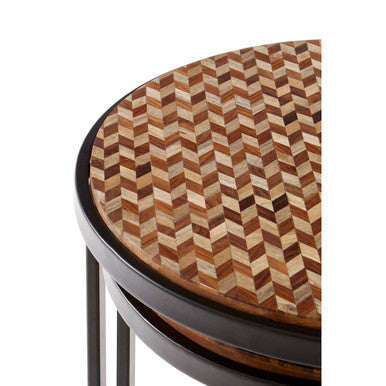 Set of Two Handcrafted Chevron Natural Wood Top Nesting Tables with Black Iron Legs, Halle