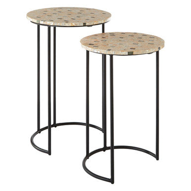 Set of 2 Mother of Pearl Mosaic Nesting Side Tables with Black Iron Legs, Halle