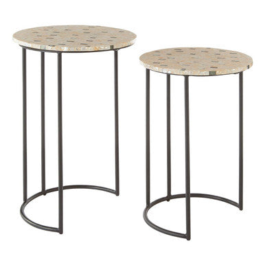 Set of 2 Mother of Pearl Mosaic Nesting Side Tables with Black Iron Legs, Halle