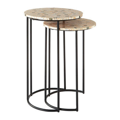 Set of 2 Mother of Pearl Mosaic Nesting Side Tables with Black Iron Legs, Halle