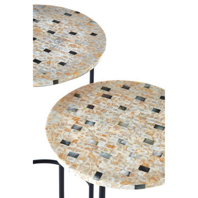 Set of 2 Mother of Pearl Mosaic Nesting Side Tables with Black Iron Legs, Halle