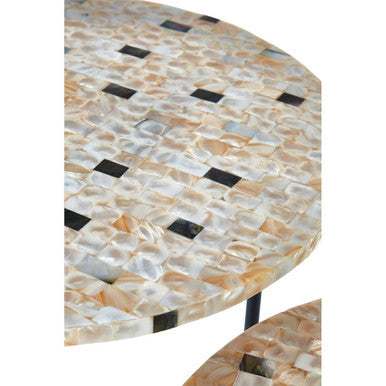 Set of 2 Mother of Pearl Mosaic Nesting Side Tables with Black Iron Legs, Halle