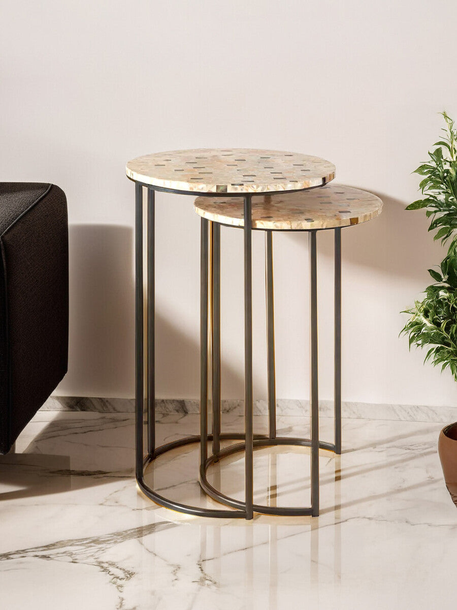 Set of 2 Mother of Pearl Mosaic Nesting Side Tables with Black Iron Legs, Halle