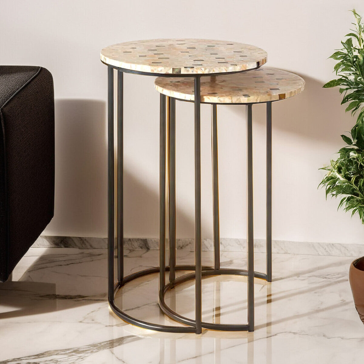 Set of 2 Mother of Pearl Mosaic Nesting Side Tables with Black Iron Legs, Halle