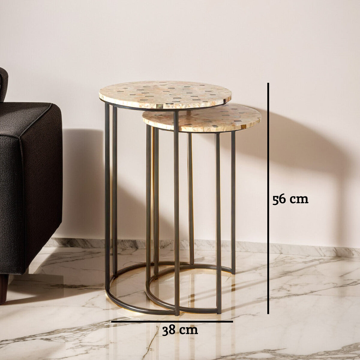 Set of 2 Mother of Pearl Mosaic Nesting Side Tables with Black Iron Legs, Halle
