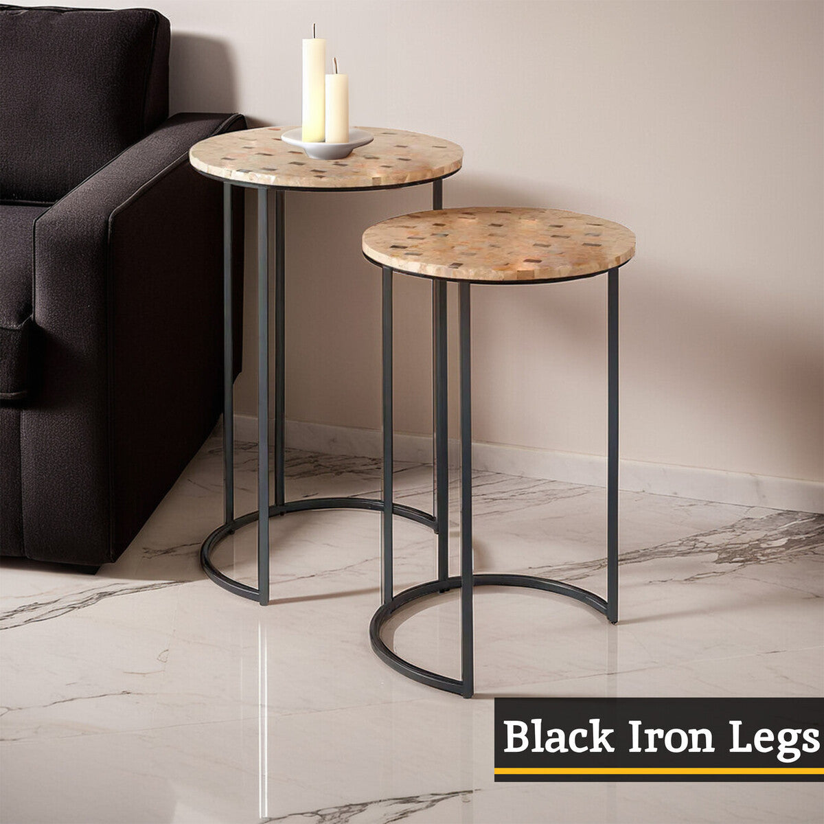 Set of 2 Mother of Pearl Mosaic Nesting Side Tables with Black Iron Legs, Halle
