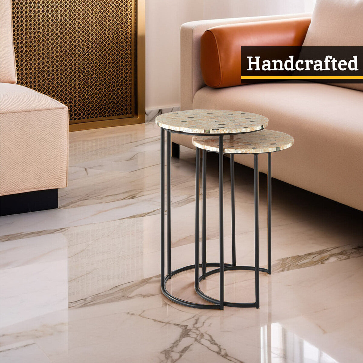 Set of 2 Mother of Pearl Mosaic Nesting Side Tables with Black Iron Legs, Halle