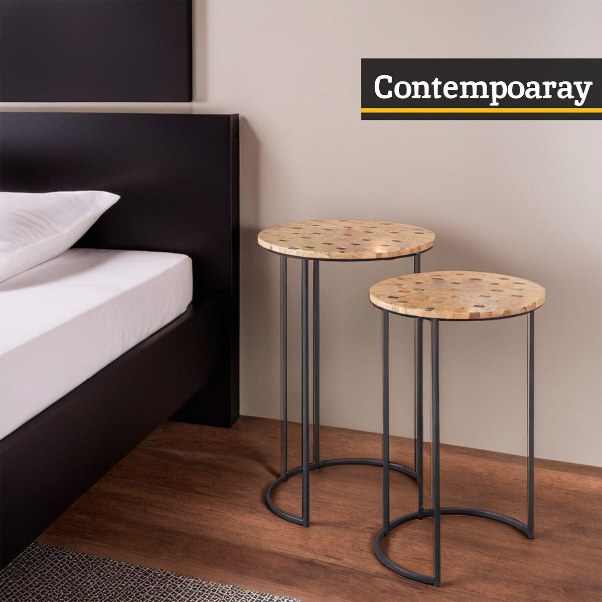 Set of 2 Mother of Pearl Mosaic Nesting Side Tables with Black Iron Legs, Halle
