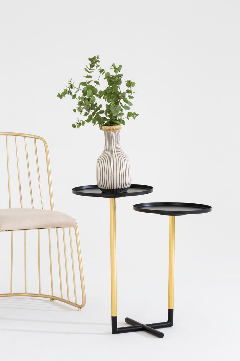 Black and Gold Metal 2-Tier Side Table with Intersecting Base Design, Halle