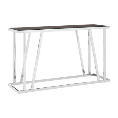 Black Tempered Glass Top Console Table with Reflective Chrome Silver Steel Base, Ackley