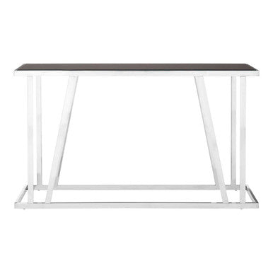 Black Tempered Glass Top Console Table with Reflective Chrome Silver Steel Base, Ackley
