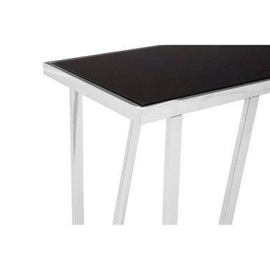 Black Tempered Glass Top Console Table with Reflective Chrome Silver Steel Base, Ackley