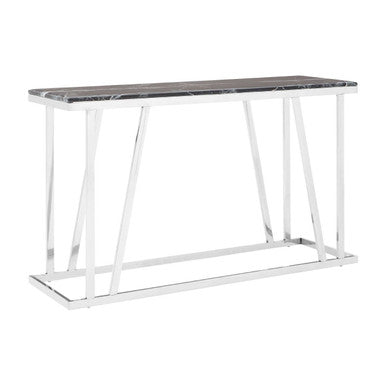 Black Marble Top Console Table with Reflective Silver Finish Stainless Steel Frame, Ackley