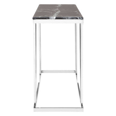 Black Marble Top Console Table with Reflective Silver Finish Stainless Steel Frame, Ackley