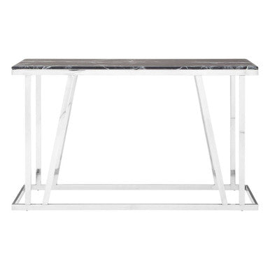 Black Marble Top Console Table with Reflective Silver Finish Stainless Steel Frame, Ackley