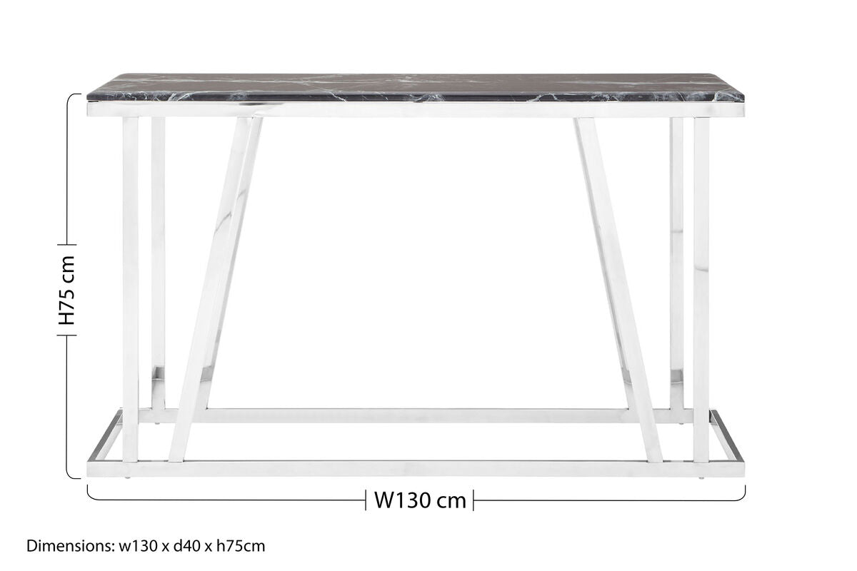 Black Marble Top Console Table with Reflective Silver Finish Stainless Steel Frame, Ackley