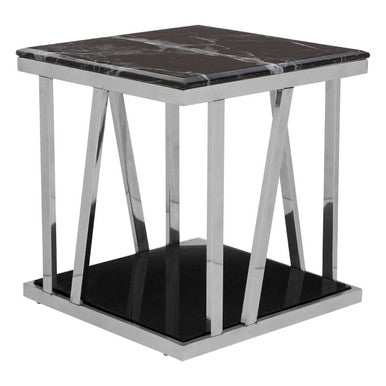 Ackley Silver Stainless Steel Side Table with Black Marble Top
