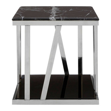 Ackley Silver Stainless Steel Side Table with Black Marble Top
