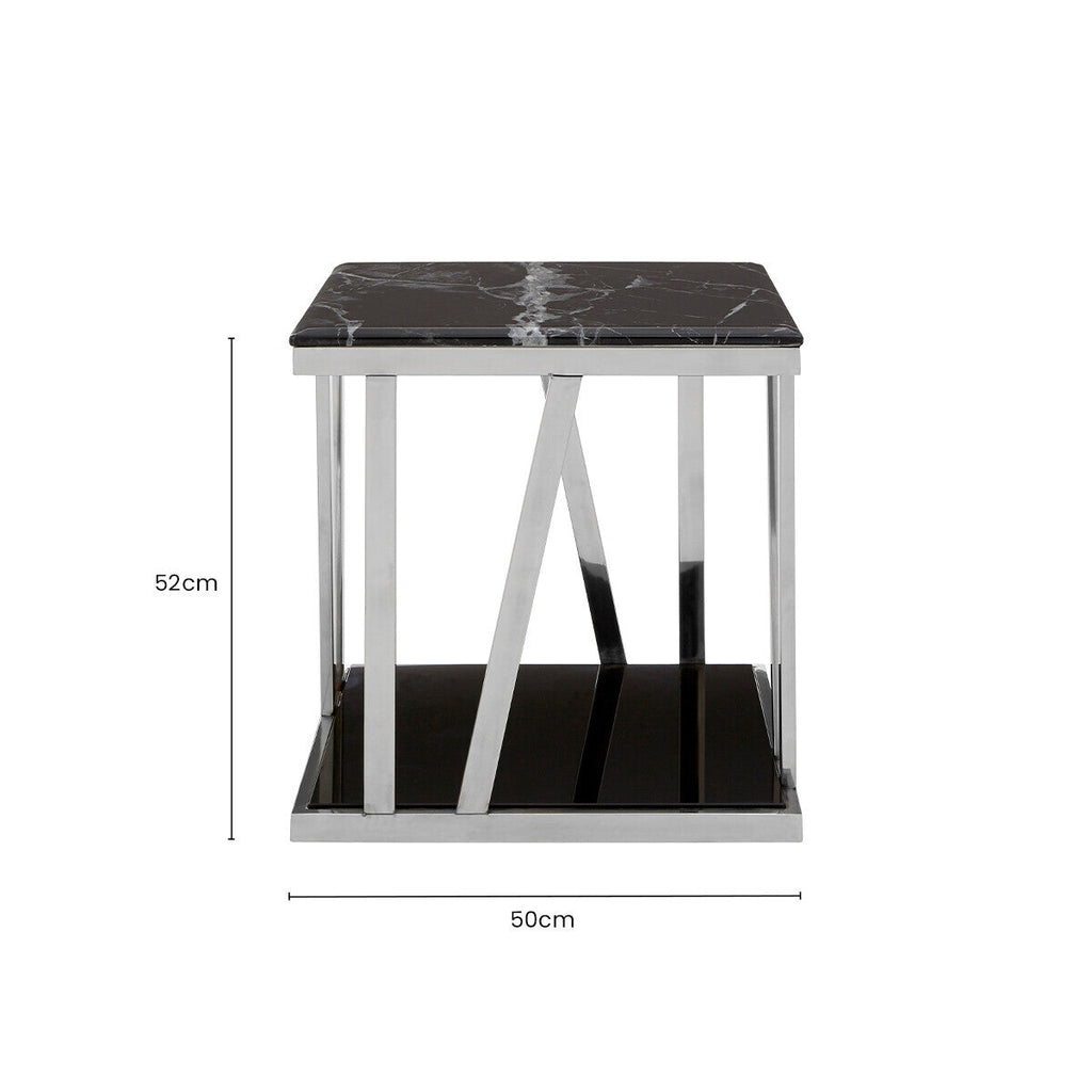 Ackley Silver Stainless Steel Side Table with Black Marble Top